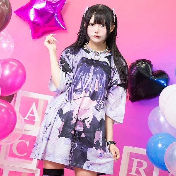 LOVE GIRL Tシャツ 地雷系 病みかわいい ダーク パンク 原宿系  ブラック/パープル