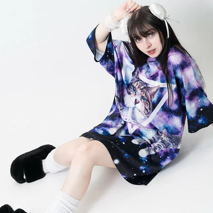 アンジ ヒュージT ねこ 宇宙 総柄 原宿系 レディース メンズ